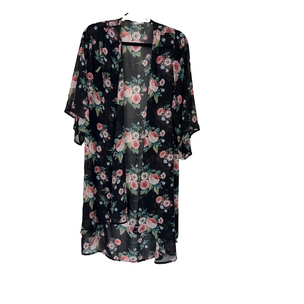 Siren Lily Cardigan Open Drape Black  Floral Kimono Sheer Size 3X Cottage Beach